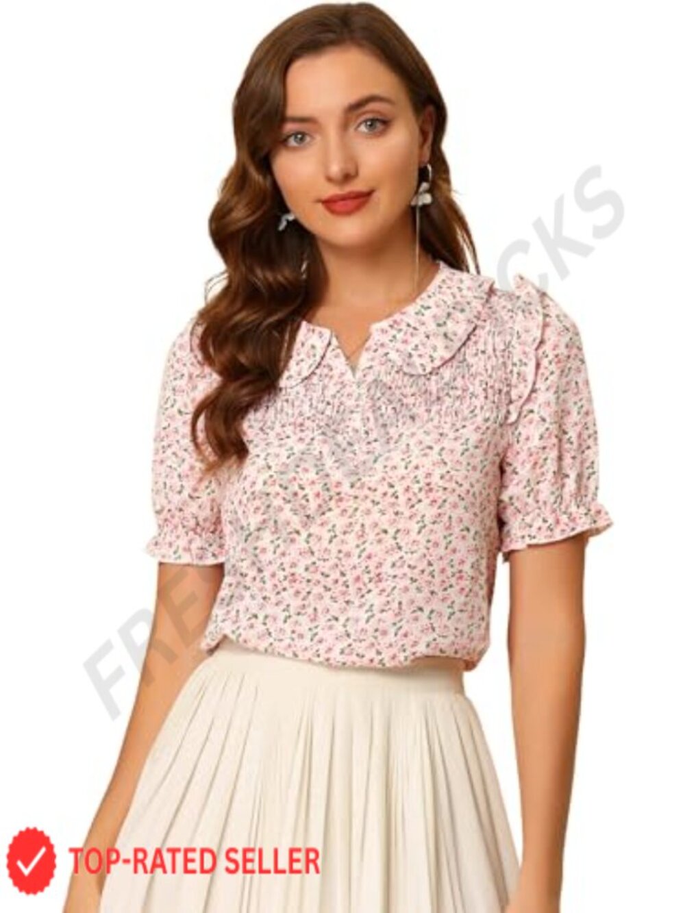 Womens Floral Blouse Peter Pan Collar Puff Short Sleeve Ruffle Smocked Top